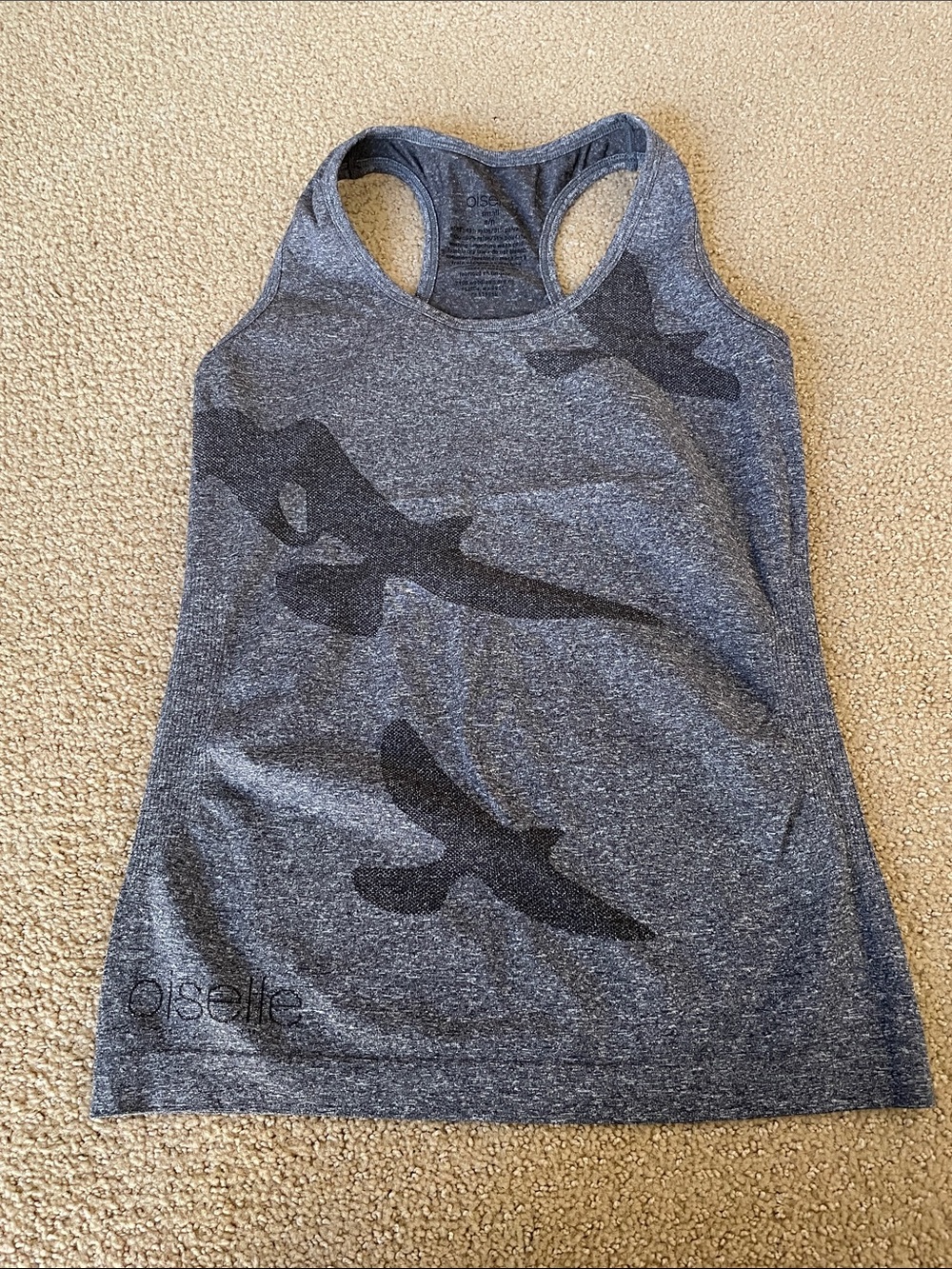 oiselle Charcoal Gray Racerback Tank with Bird Graphic on back, women’s small